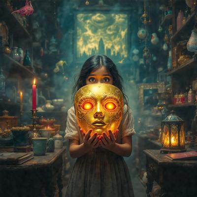 The primary subject of the image is a young girl holding a gold mask. The setting is a room with a variety of items, including a cup, a bowl, and a vase. The visual style appears to be a combination of photo and digital art, creating a unique and intriguing atmosphere. The dominant colors in the image are gold and red, which contribute to the overall mood of the scene.